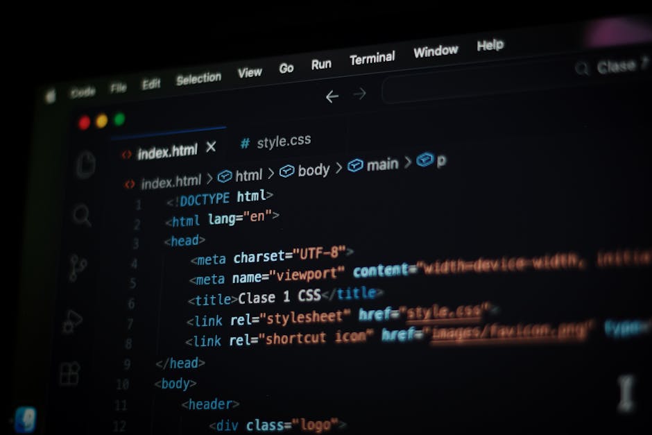 A computer screen displaying a code editor with HTML and CSS code, featuring lines of text in various colors such as blue, red, and white. The code includes tags like <html>, <head>, <title>, and <lin